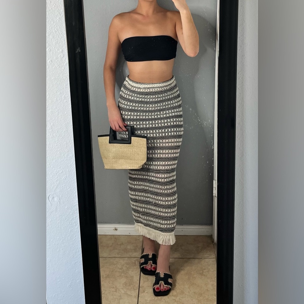 Cream & black crochet fringe swim coverup skirt S| resort boho vacation festival - Picture 10 of 13
